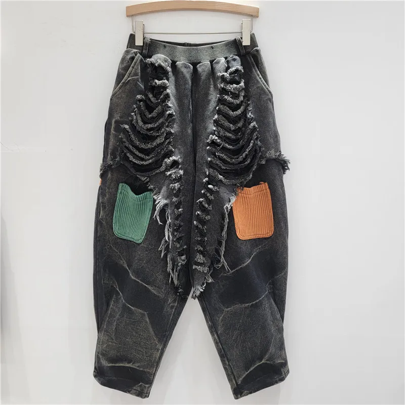 Post-Apocalyptic Fashion Wasteland Style Distressed Stitching Jeans Women's Pants