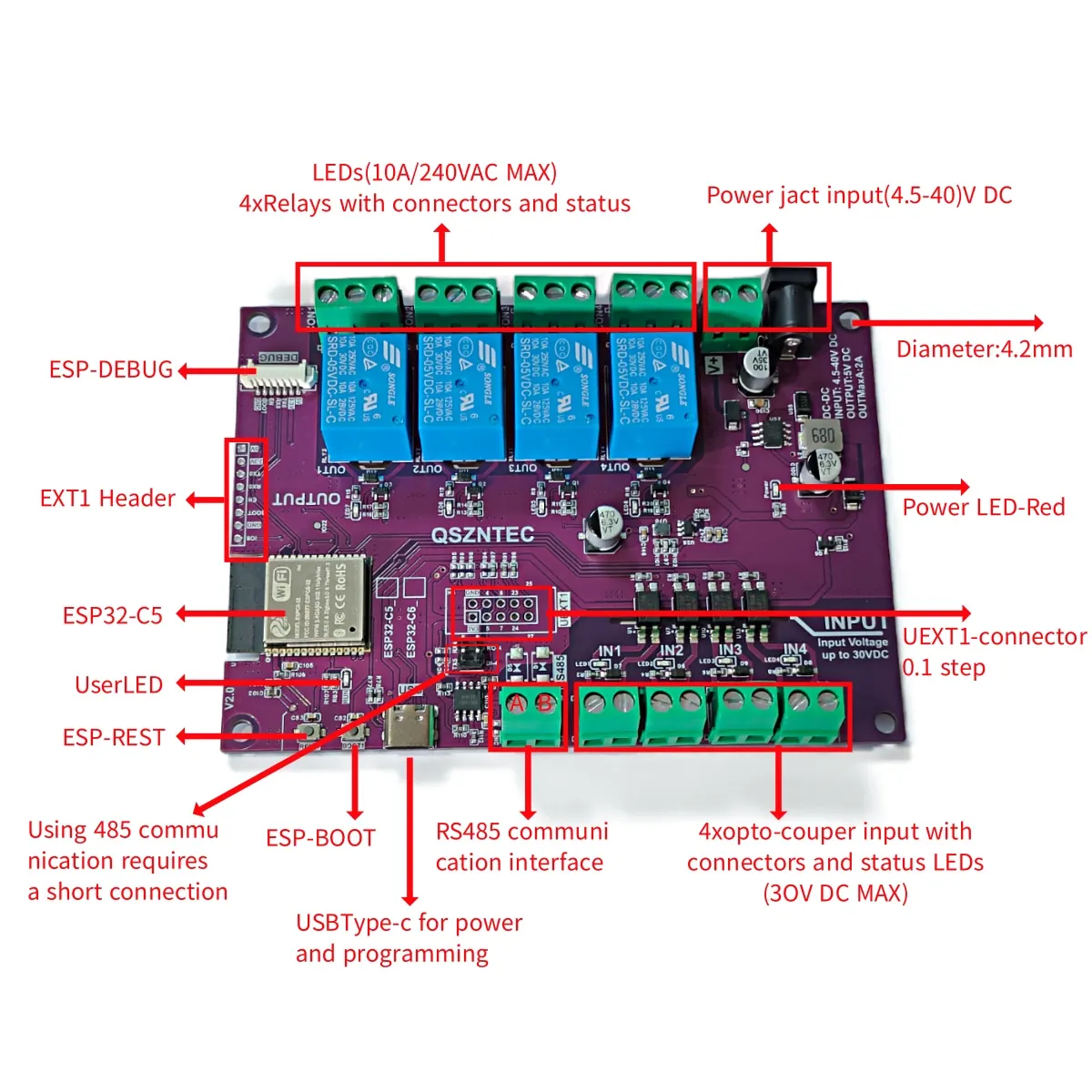 ESP32-C5-EVB Support Tasmota 4 Relay 4 Input with WIFI6 Bluetooth5 LE Zigbee Connectivity for Matter and Smart Home Work