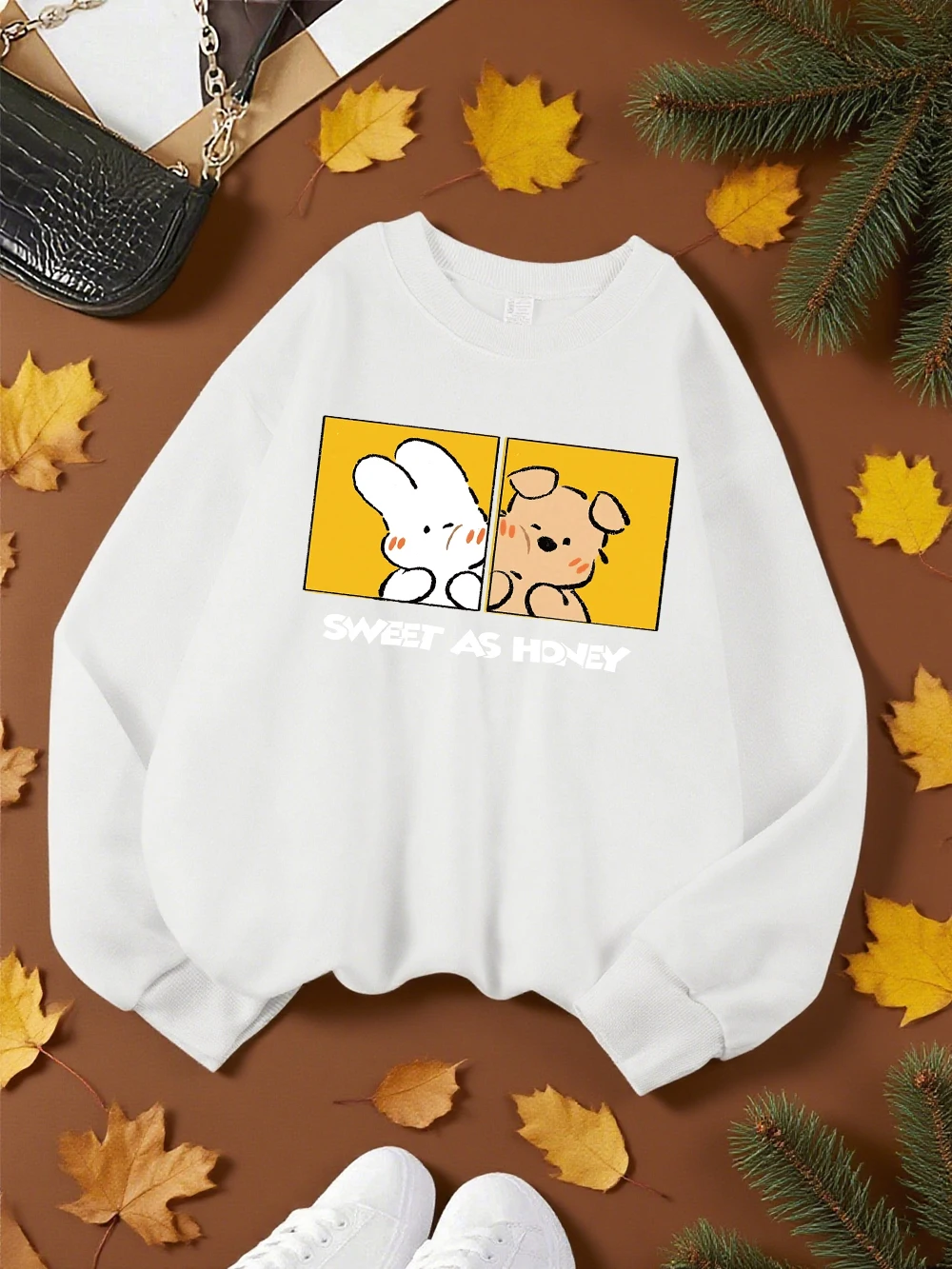 Rabbit And Dog Sweet As Honey Printing Sweatshirt Womens Crewneck Soft Hoodie Fleece Warm Winter Pullover Loose Casual Clothes