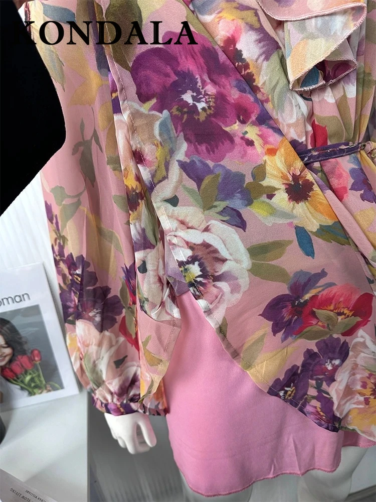 콘달라 시크 플라워 프린트 여성 드레스 패션 2025 V넥 캐스케이딩 미니 드레스 끈 단추 주름 여성 봄 원피스