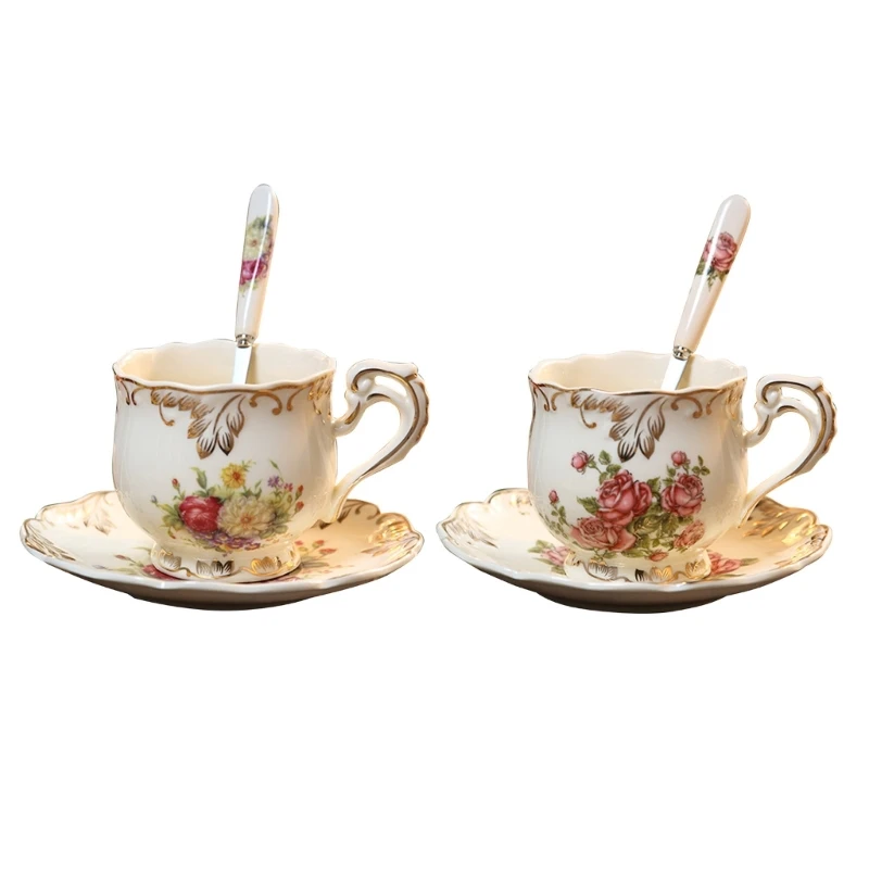 Teas Cup and Saucers Set Ivory Porcelain Coffee Cup Retro Flower Rose Ceramics Cup Set with Saucers and Spoon Drink Gift