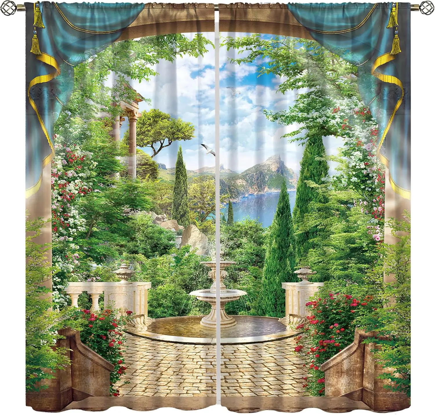 Tropical Island Curtains, Beach Palm Tree Landscape Summer Tropical View from Balcony, Bedroom Living Room Blackout Curtains