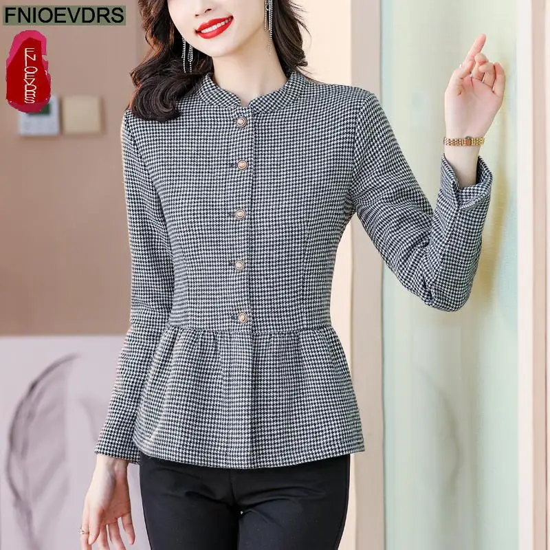 S-2XL 2023 Women Autumn Casual Slim Tunic Peplum Tops And Blouses Outer Wear Elegant Office Lady Work Button Plaid Shirts