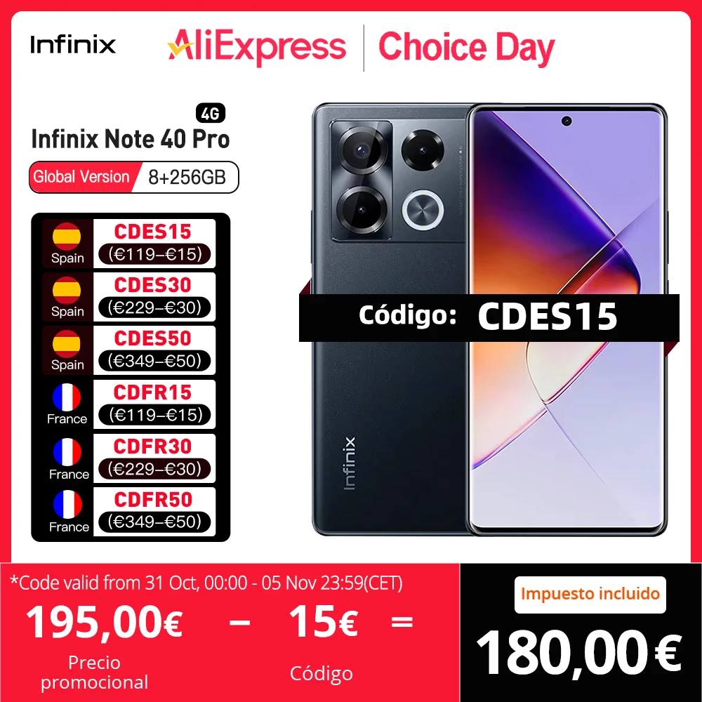 Infinix-smart phone Note 40 Pro 4G 8 + 256GB MediaTek Helio G99 3d-curved AMOLED screen 6,78 120Hz 108MP NFC camera