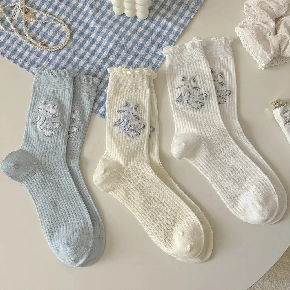 Lolita Ruffle Socks Cat Embroidery Japanese Kawaii Cartoon Cute Women Socks Cotton Thin Breathable Girls Solid Color Long Socks