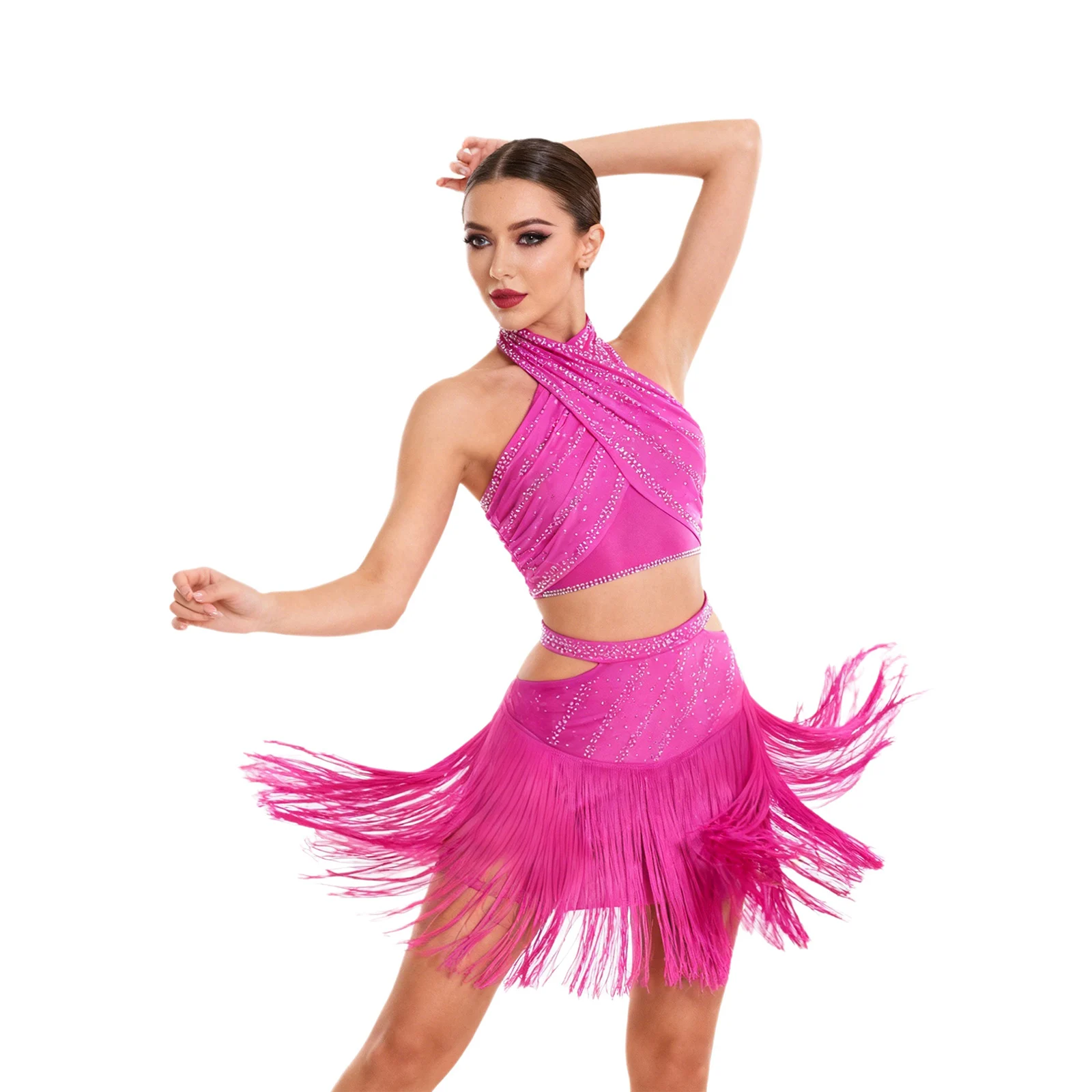 Womens Chacha Salsa Latin Dance Outfit Halter Sleeveless Backless Crop Top+Tassels Skirt for Ballroom Jazz Belly Dance Costume