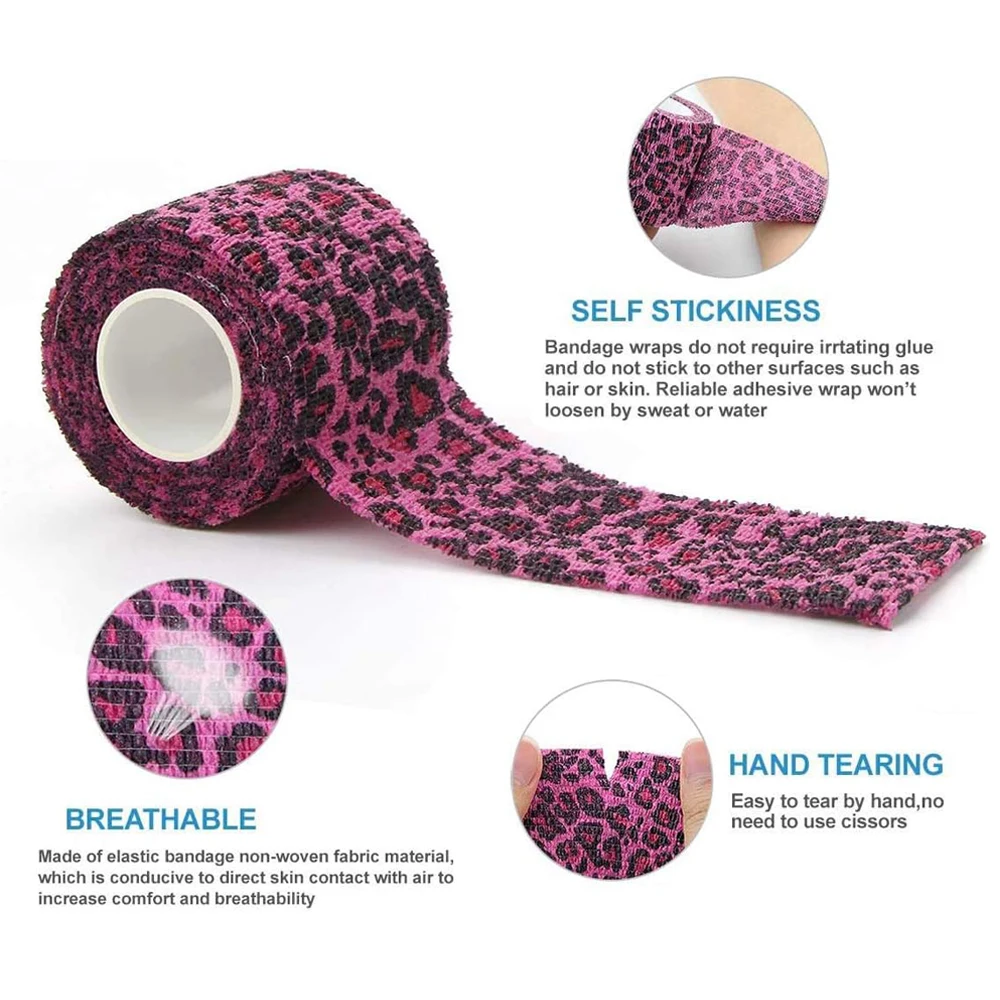 Pink leopard printTattoo Bandage Tape Anti-slip Nonwoven Waterproof Disposable Self-adhesive Elastic Bandage Grip Cover Wrap