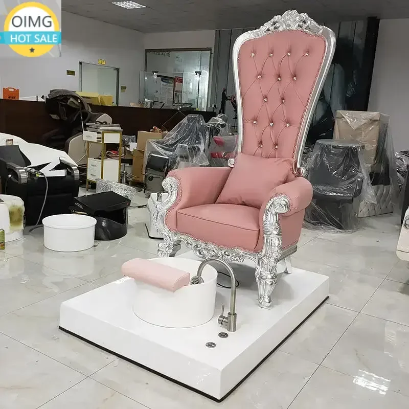 High Back Pedicure Bench Chairs Hot Pink PU Leather Foot Spa Bowl Luxury Silver Solid Wood Color Pedicure Chair Sofa