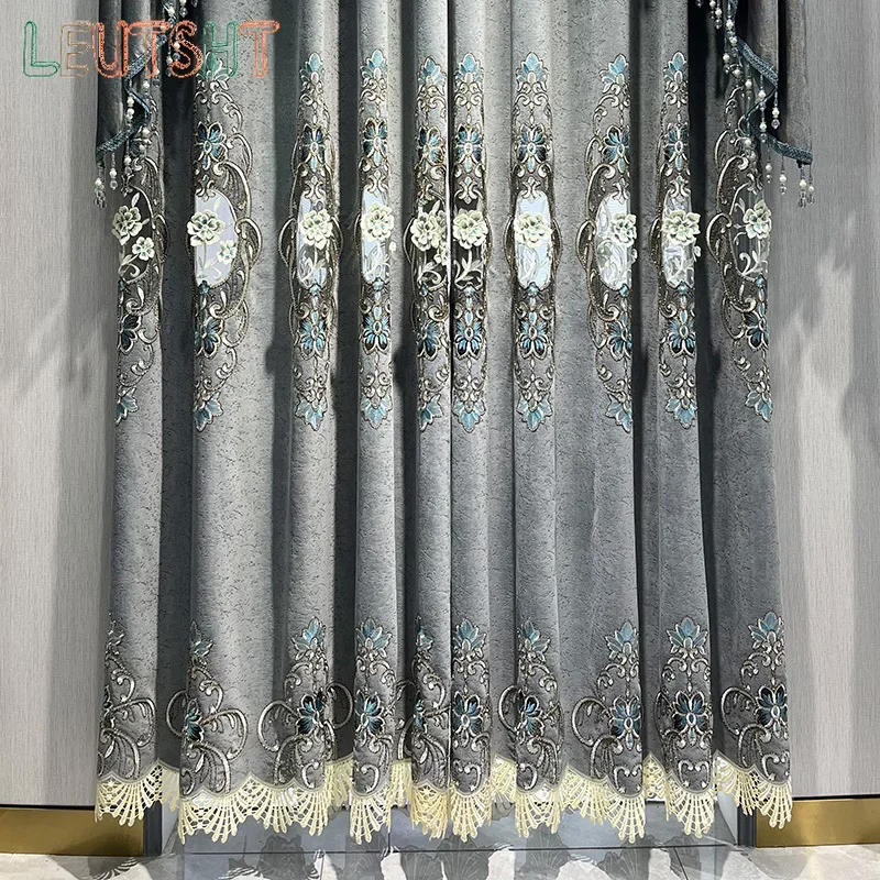 

Customized Home Decoration Finished Valance Blue Stamped Embroidered Jacquard Curtains for Living Room Bedroom Villa