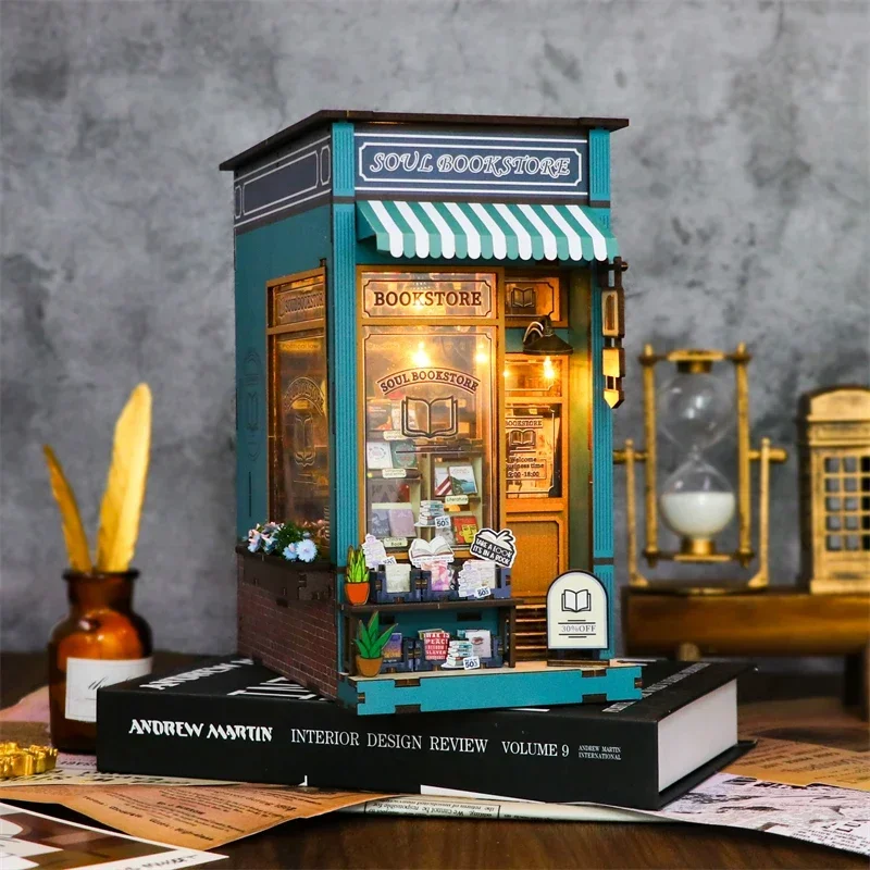 

Soul Bookstore Home Bookend Decoration, NEW Creative DIY Wooden Book Nook Shelf Insert Miniature Kits For Adult Handmade Gifts