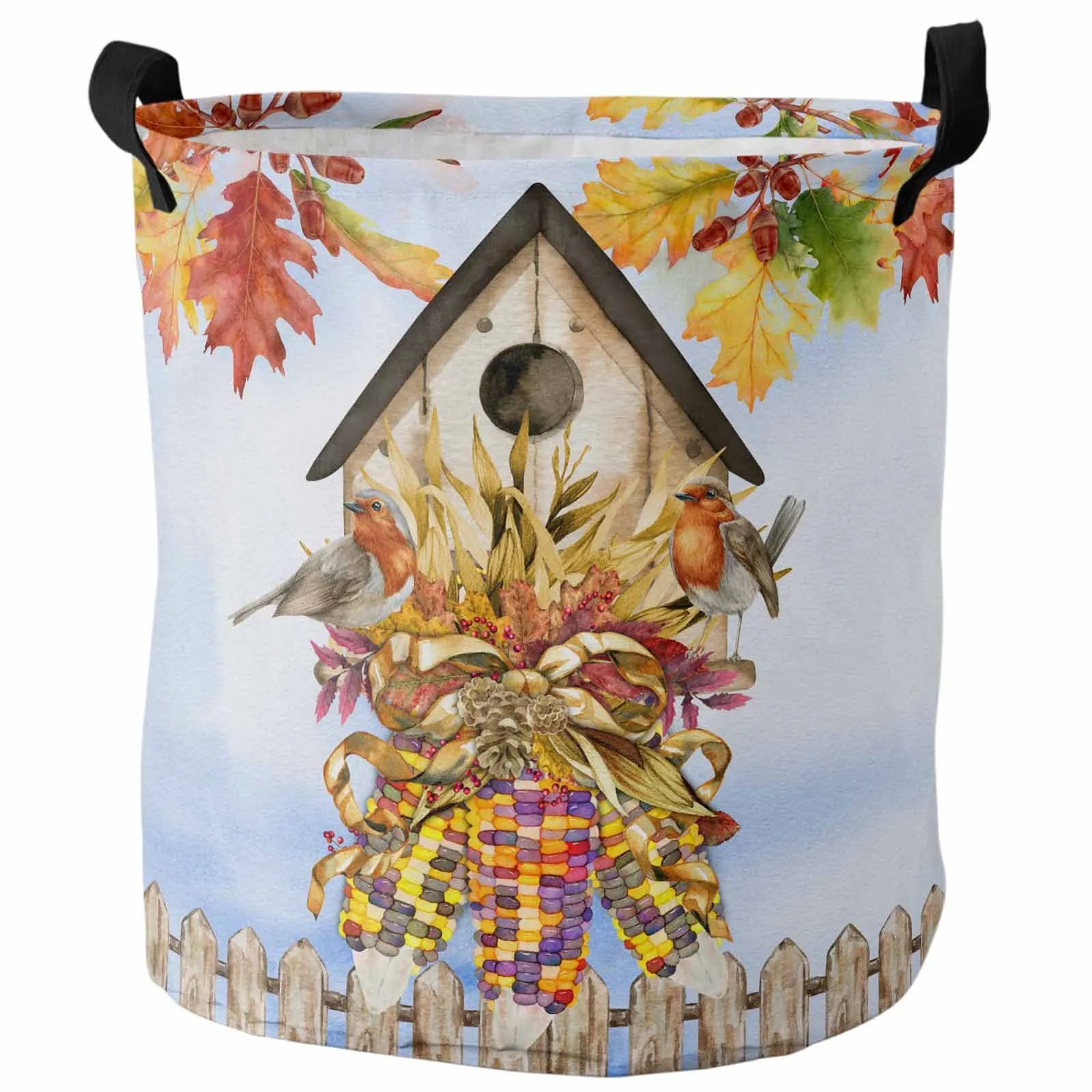 Autumn Bird House Maple Leaf Colored Corn Wood Fence Dirty Laundry Basket Foldable Waterproof Organizer Toy Storage Basket