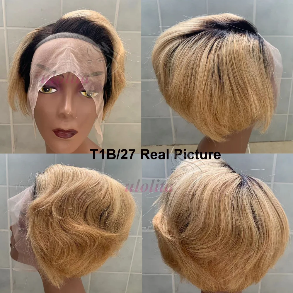 Pixie Cut Wig Human Hair Ombre Blonde Cheap Short Bob Straight Wig For Black Women Transparent Lace Frontal Brazilian Remy 180%