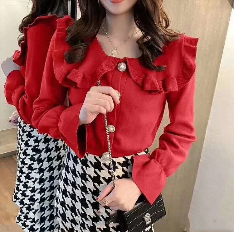 Girls Spring Peter Pan Collar Sweaters Cardigans Lady Single-breasted Full Flare Sleeve Sweet Knitted Outwear Tops for Female