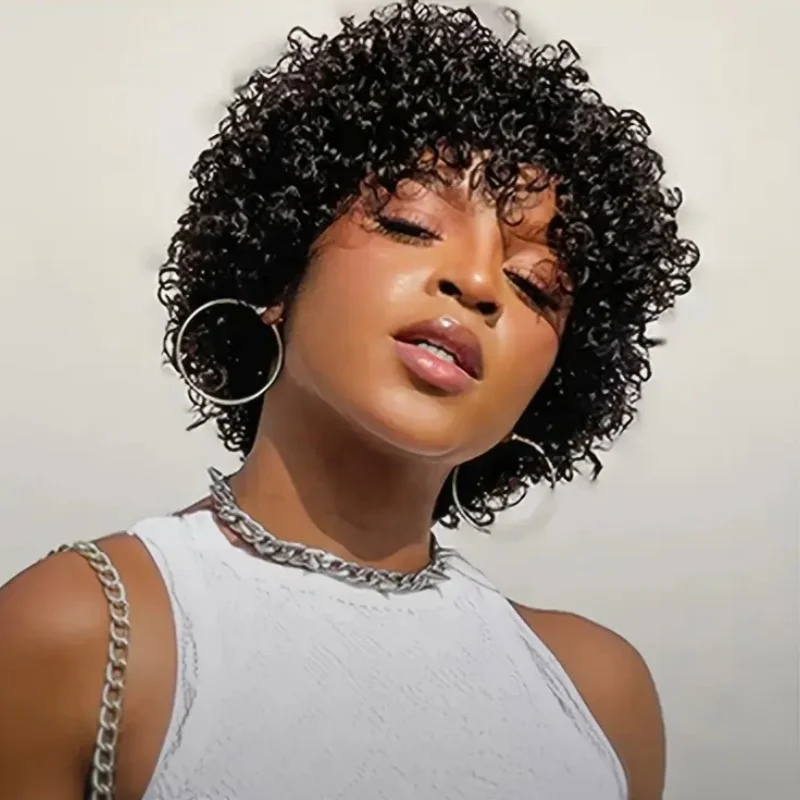 Афро-кудрявый вьющийся парик из человеческих волос с челкой, человеческий натуральный афро-парик, машинное производство