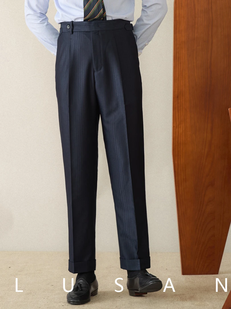 Mr. Deer Three Business Casual Gentry Striped Straight High Waist Pants All-match Men's Blue Neapolitan Trendy Pants