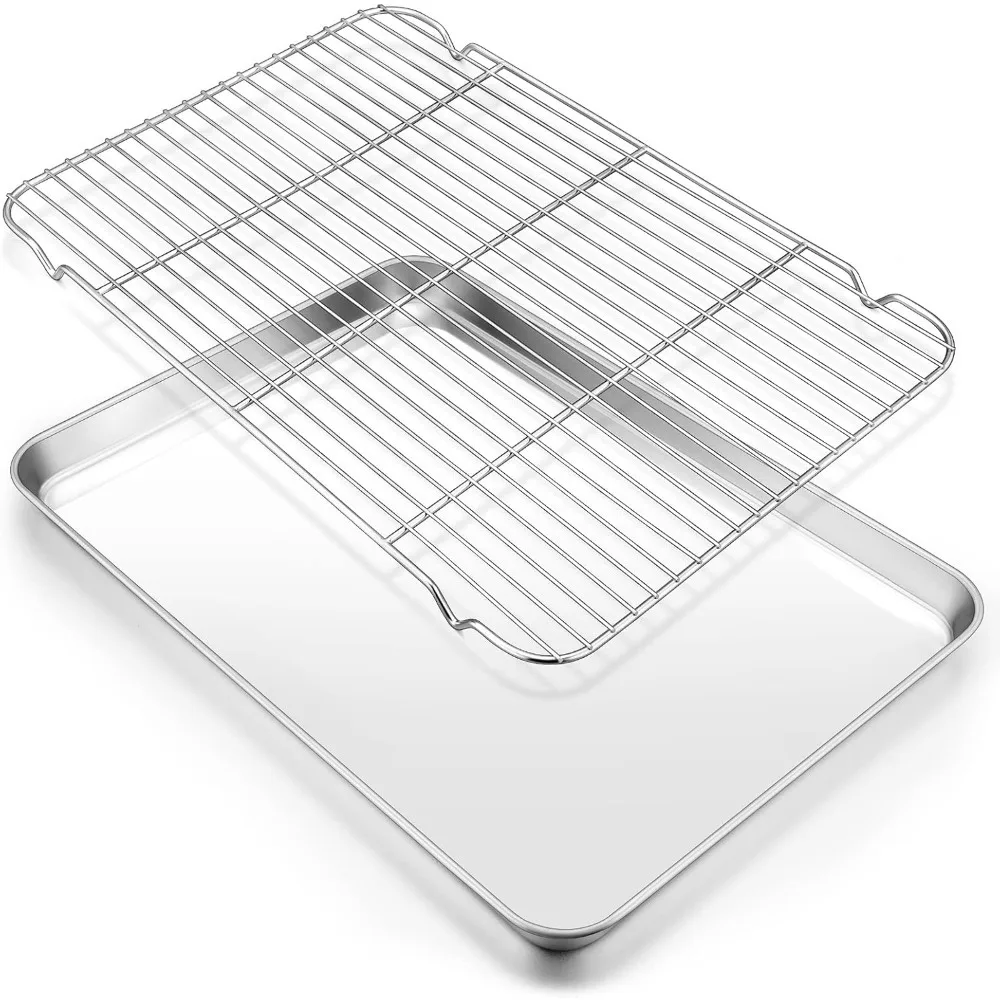 Backblech-Set aus Edelstahl 304, mit Grill, Metall, rechteckig, Kühlregal, Grillwerkzeuge, Grill für Küche, Outdoor, Camping