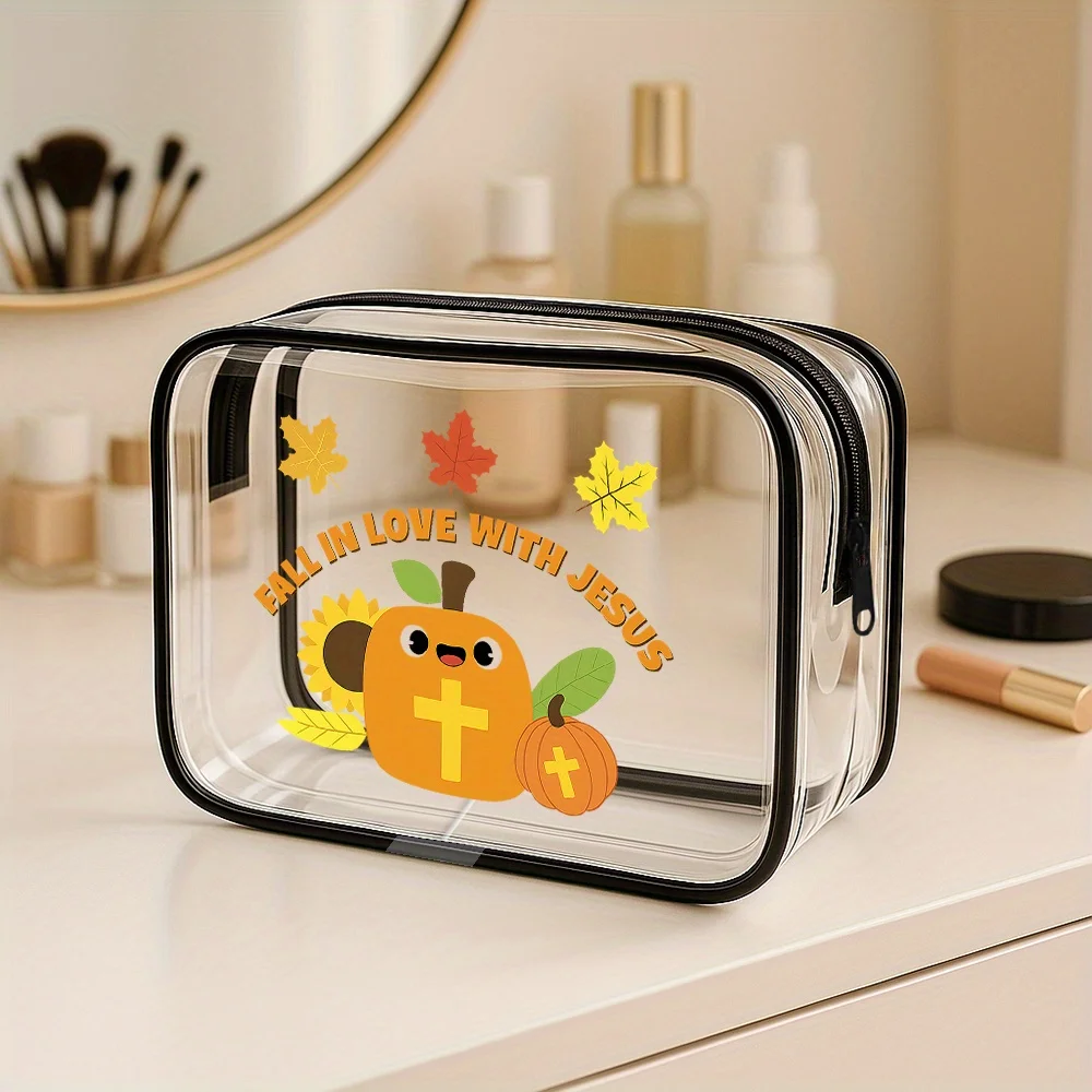 Neceser transparente con temática de otoño.