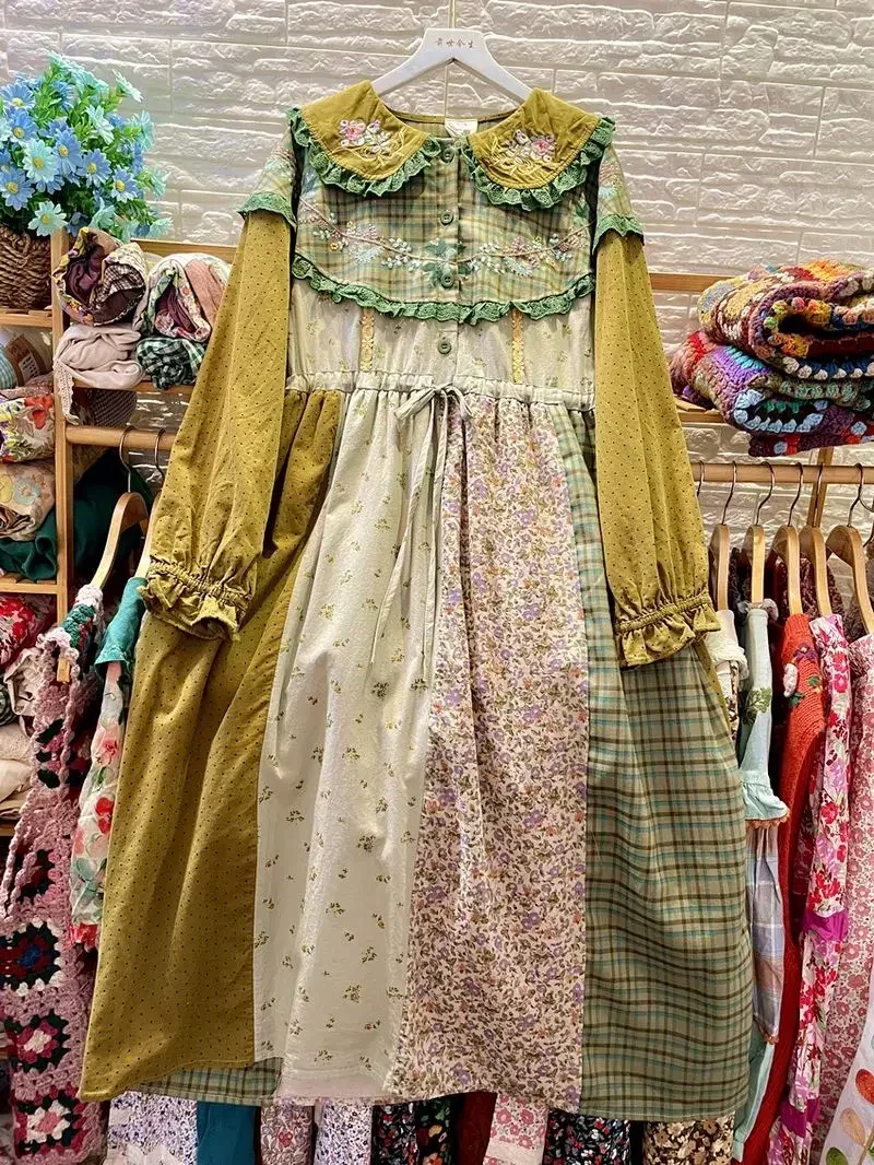 Vintage Patchwork Long Sleeve Midi Dress Female Autumn Retro Chic Mori Girl Cottagecore Lace Embroidery Kawaii Tea Length  Dress