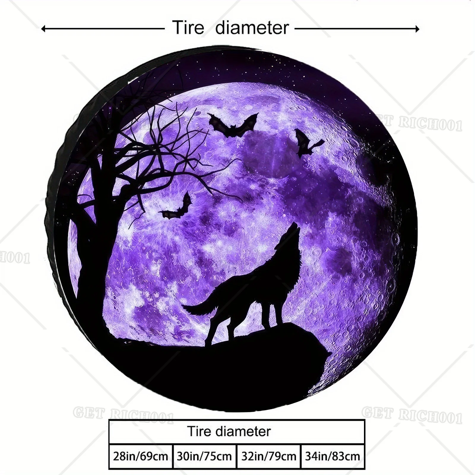 할로윈 테마의 보라색 달늑대 스페어 타이어 커버는 트럭 RV 자동차용 방풍 방진 자외선 방지 타이어 보호 장치에 적합합니다.