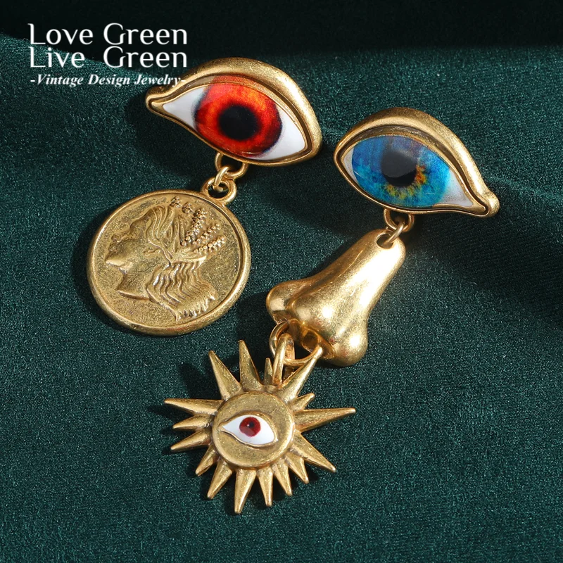

Vintage Gold Color Devil's Eye Drop Earring Red Blue Sun Asymmetry Natural Stone Women Jewelry Designer Luxury Wedding 2025 New