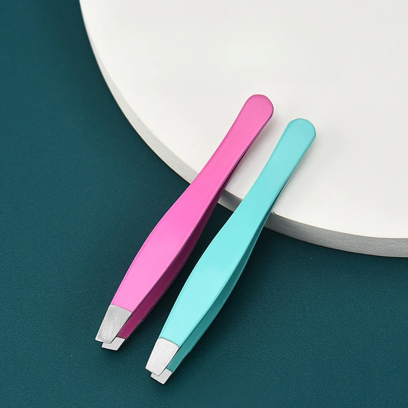 Hair Removal Tweezers Stainless Steel Eyebrow Tweezers Pink Slanted Black Tip Point Face Harmless Makeup Beauty Tool