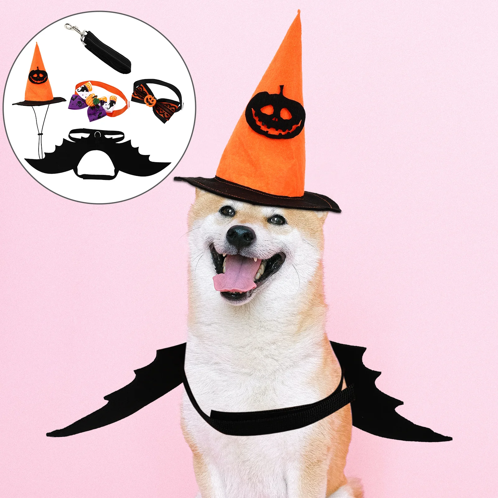 

1 set Pet Costume Set Bowknot Collar Festival Hat For Cat Dog Halloween Party Decoration Adjustable Headdress Lightweight Wing