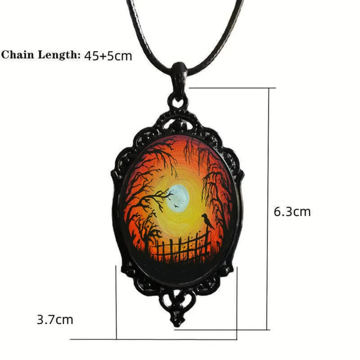 Fashionable Gothic Sunset Forest Crow Hand Painted Art, Personalized Pendant Necklace Gift