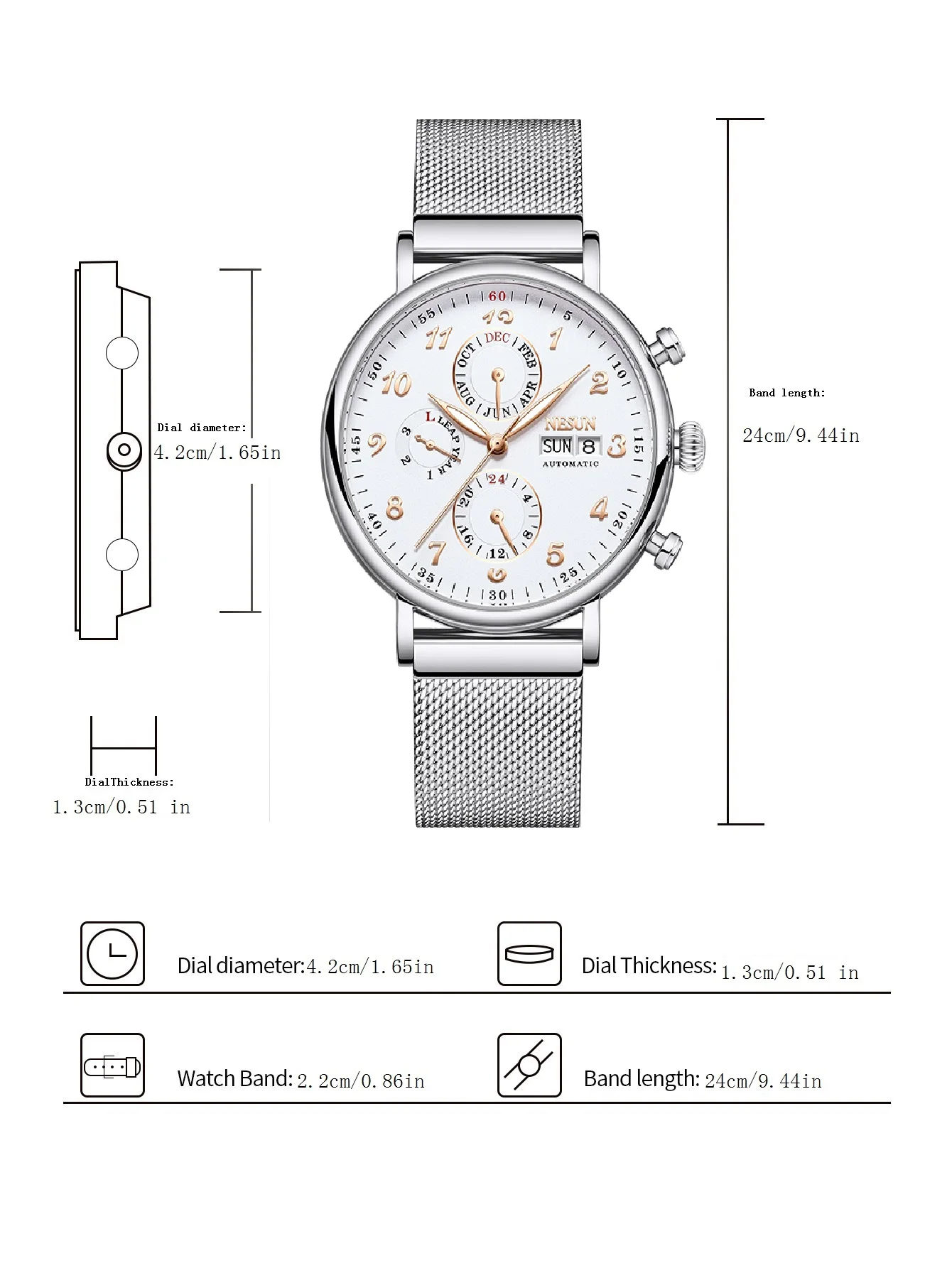 NESUN automatic mechanical men's watch, multi-functional luminous stainless steel classic business men's watch