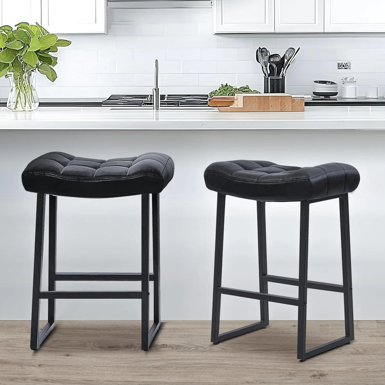 

Black Modern Bar Stools Set of 2 for Kitchen Counter 24 inch Counter Height Backless Barstools with Upholstered Faux Leather Sad