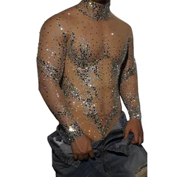 sexy mesh see through rhinestones jumpsuit glitter gloved short bodysuit Team pole dance clothing club partyDS performance