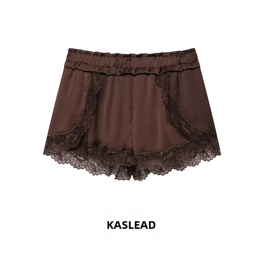 

KASLEAD Fashionable Lace Patchwork Shorts for Women New Style Casual Pants Natural Waist Polyester Fiber Summer Season