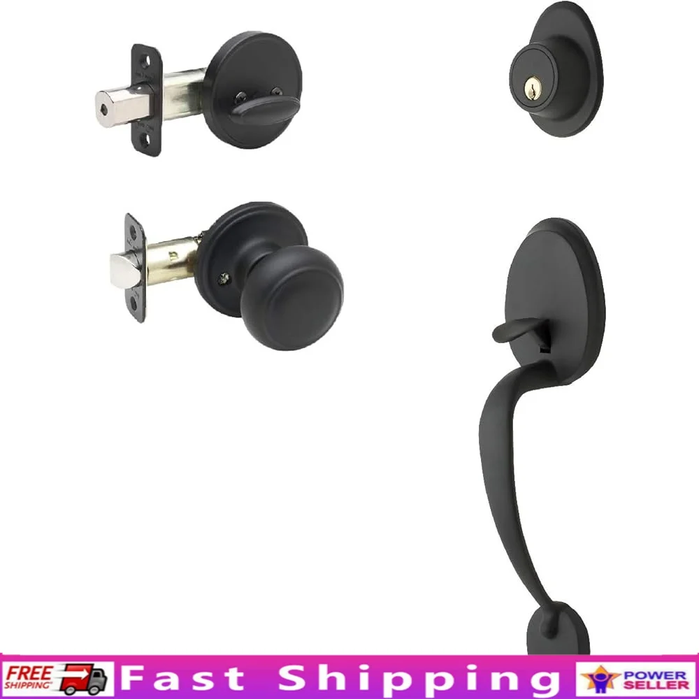 

Mid-Century Modern Black Door Handleset with Colonial Knob Interior Zinc Construction ANSI Grade-3 Security Front Entry Hardware