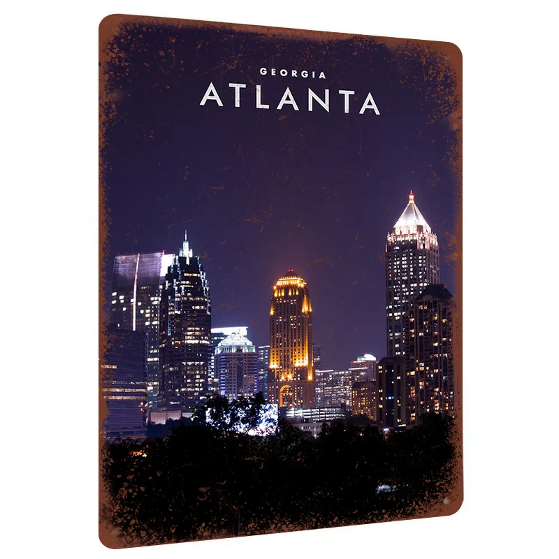 Atlanta Georgia Night View Metal Wall Art City Skyline Decor Modern Home Office Decoration