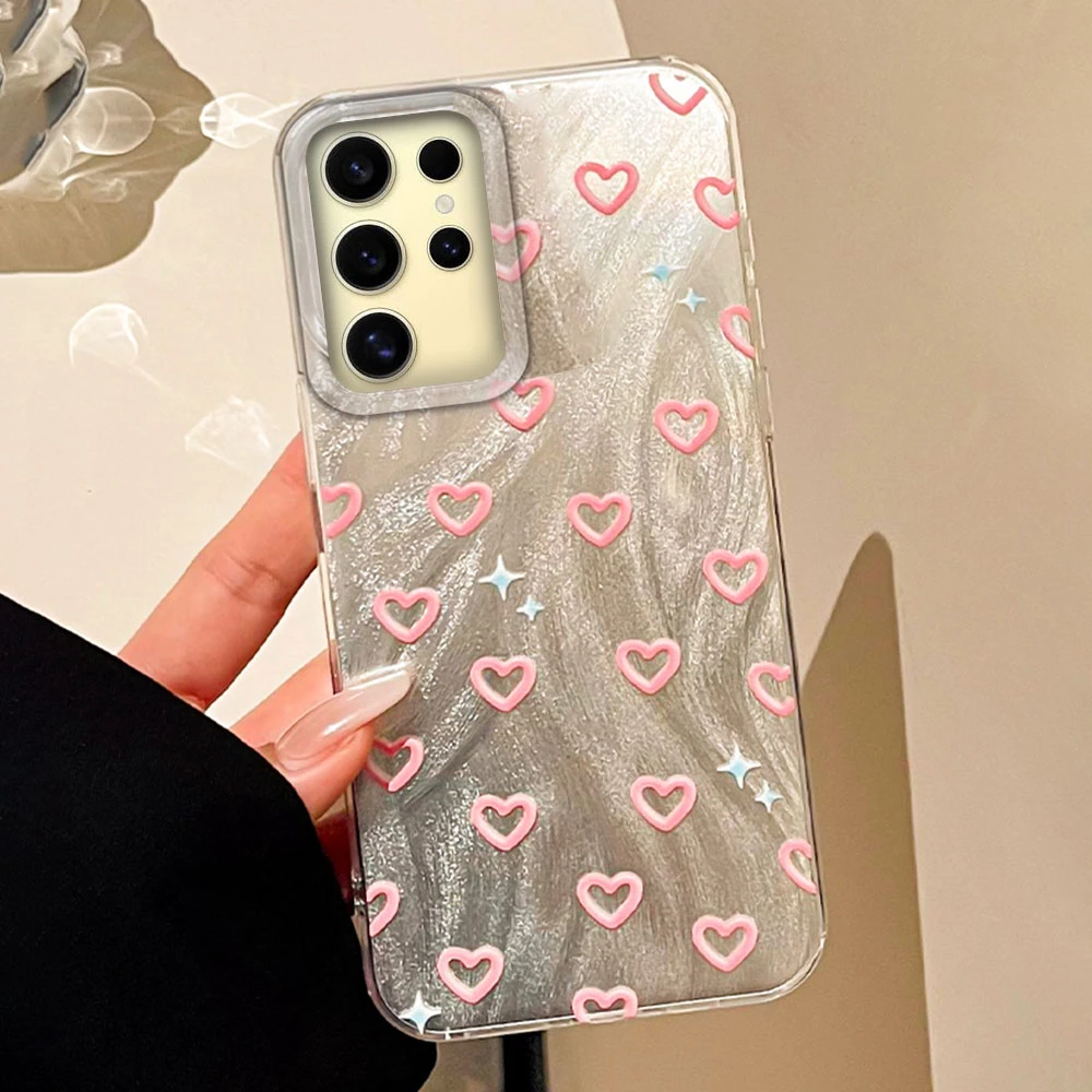 Cute Pink Love Heart Phone Case for Samsung Galaxy S25 S24 S23 S22 S21 FE Plus Ultra S25+ S24+ Shell Silicone Back Fundas Cover