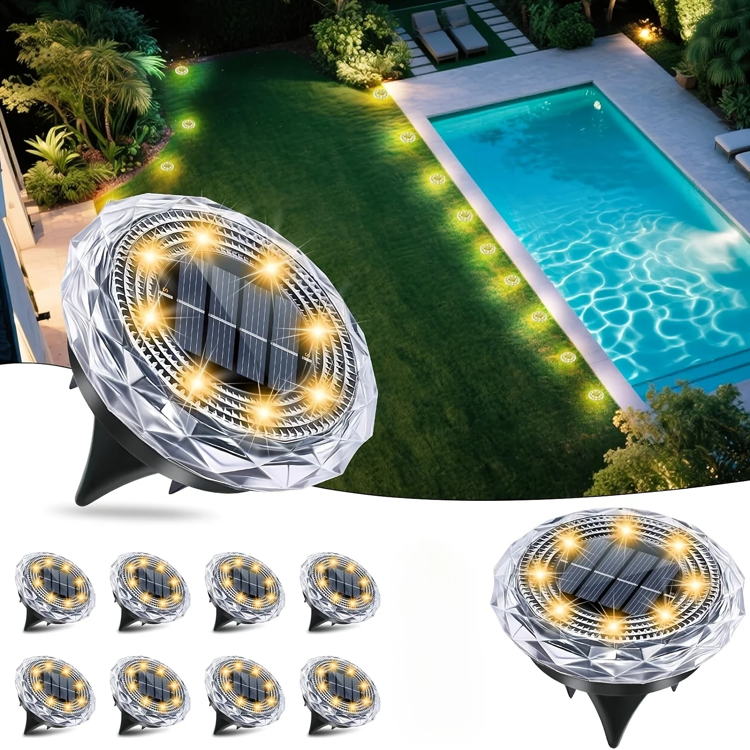 8 Pack New Solar IP44 Diamond Buried Lamp, Outdoor LED Ground Lamp, Garden Lawn Lamp, Suitable for Courtyard, Terrace, Landscape, Walkway Decoration Belt, with Automatic Brightness Sensing Function, for Festival Decoration