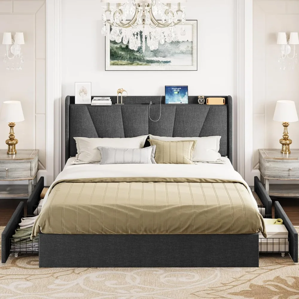 

King Bed Frame and Upholstered Headboard, Platform Bed with Storage Drawers and Outlets, Sturdy, Noiseless,Bed Bases & Frames