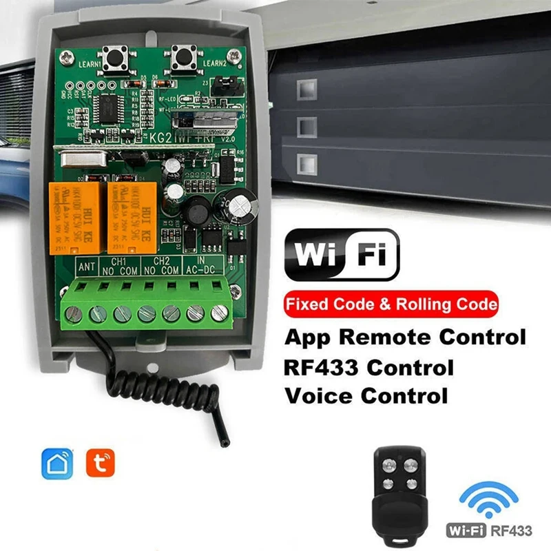 Tuya-ガレージドア用のリモコン,wifiレシーバー,433mhz, 2ch, 12-24v,アプリケーションサポート,音声制御