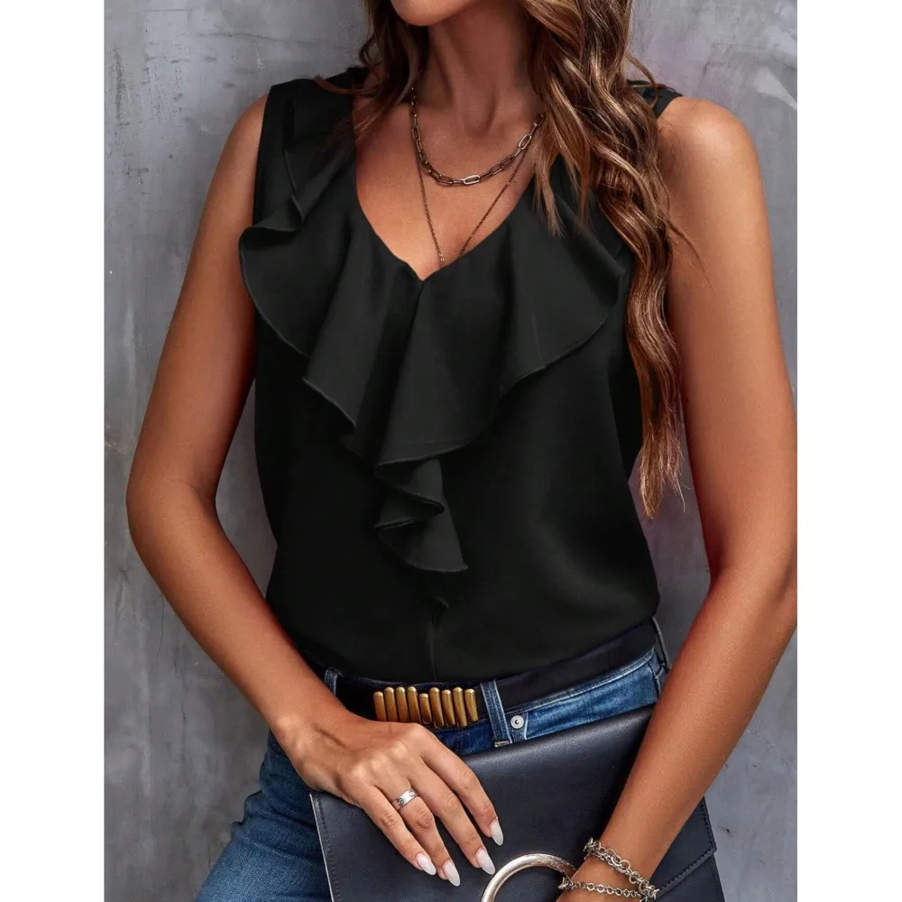 Summer Casual Leaf Edge V-neck Women's Blazer Style Tops Stylish Loose Simple Sleeveless T Shirt Versatile Casual Shirt 2026