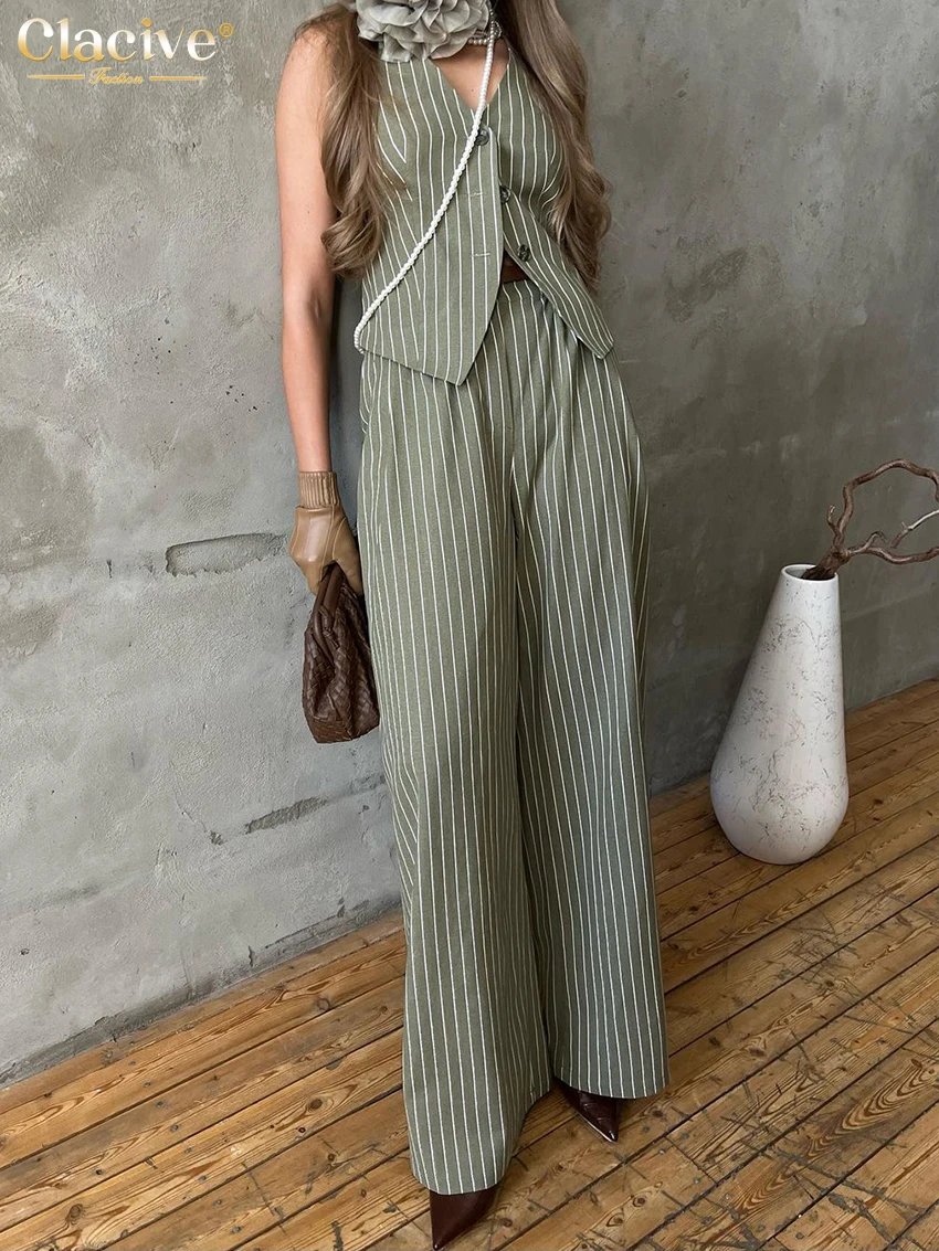 Clacive Summer Loose Stripe Print 2 Piece Set Women Outfit Fashion Sleeveless Tank Top With High Waist Wide Pants Set Streetwear