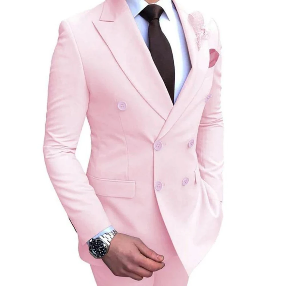 Elegant Pink Double Breasted Men Suit Two-pieces (Jacket+Pants) Formal Banquet Wedding Slim Fit Male Set