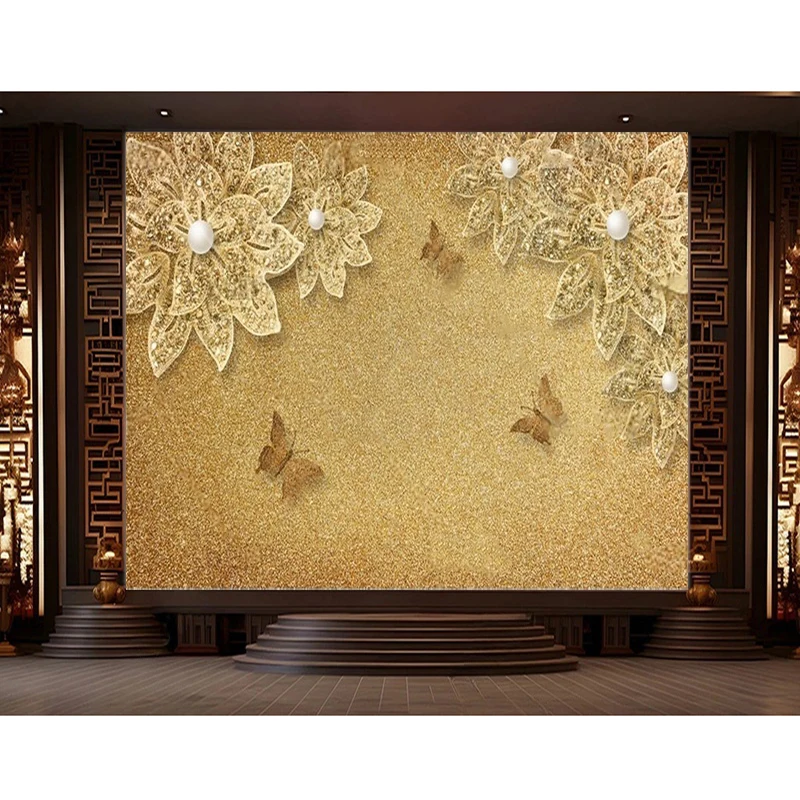 3D Luxurious Glittering Flower Pearl Butterfly Nordic Style Inspirational Romantic Classical Pattern Wallpaper Poster For TV