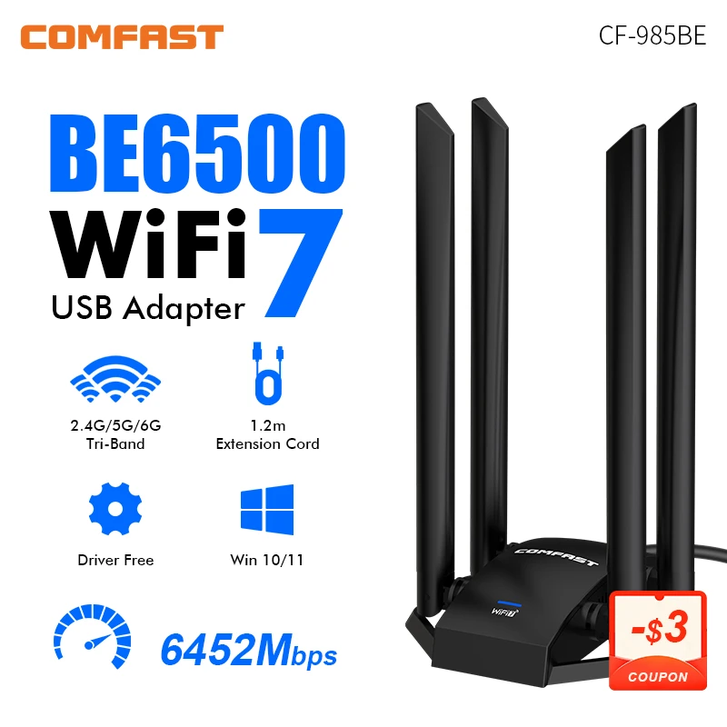 

Comfast Adaptador Wifi 7 Usb 3.0 Adapter BE6500 6G/5G/2G High Gain Antena Para Wifi7 PC Cle Network Card ReceiverExtension Cable