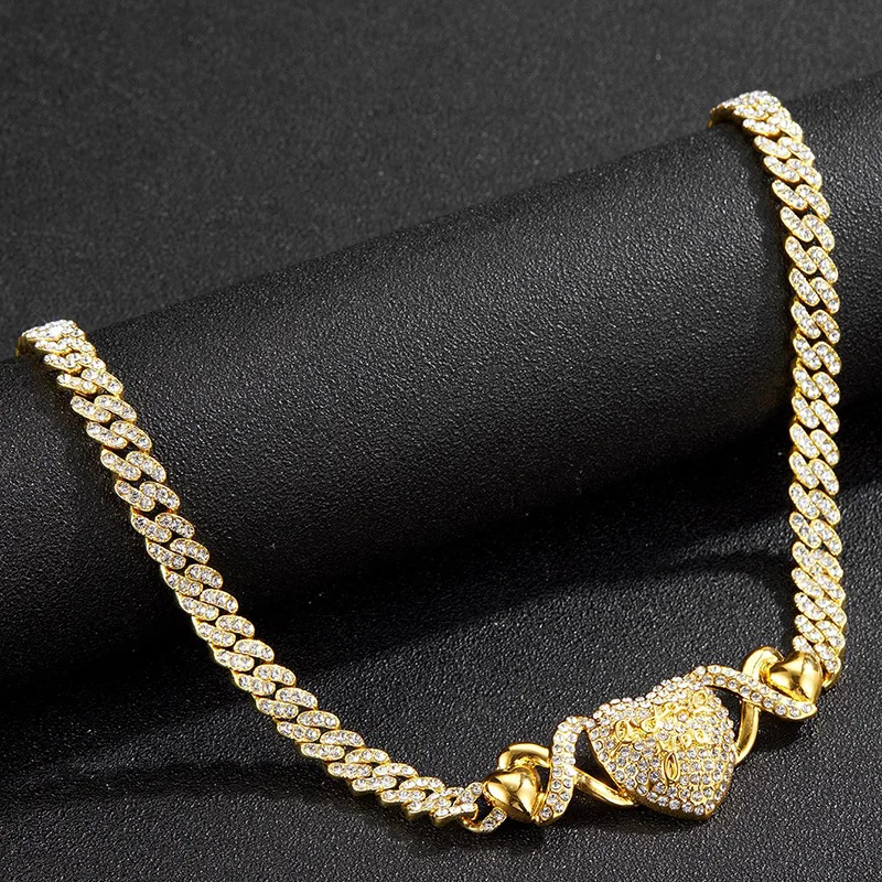 Hip Hop Style Love Stitching Cuban Chain Women's 9mm Diamond-encrusted Temperament Necklace