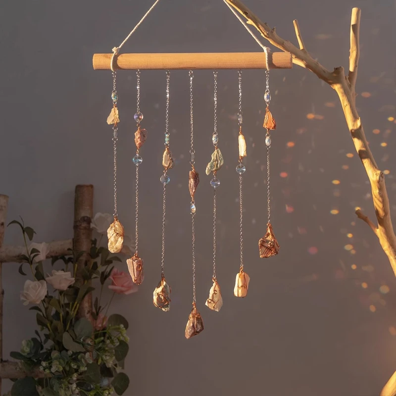 

Premium Crystal Wind Chime Ornament, Natural Stone Dreamcatcher Mobile, Luxury Room Hanging for Porch Bedroom Nursery