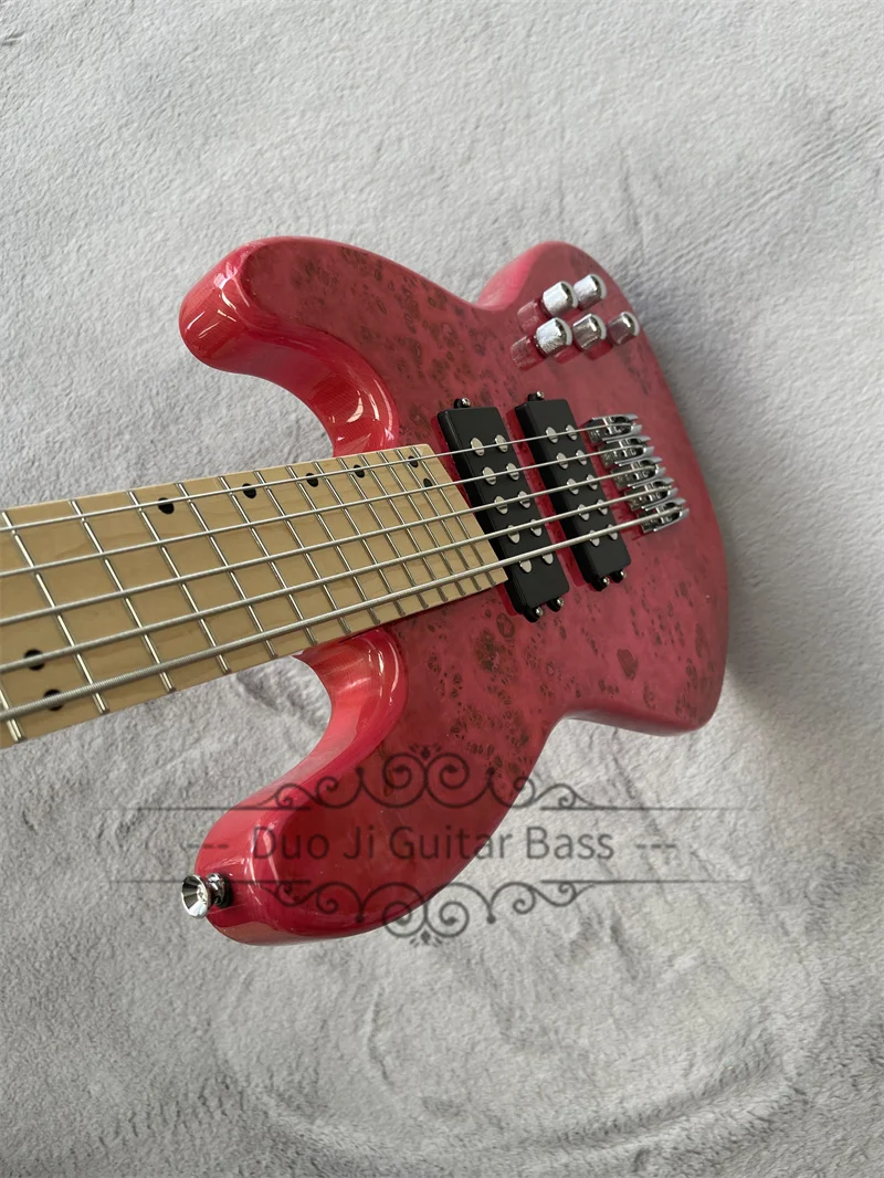 5 Strings Bass Guitar Red Bass Maple Neck ASH Wood Body Burl Maple Top Fan Maple Finerboard Merdeka Bridge Active Battery