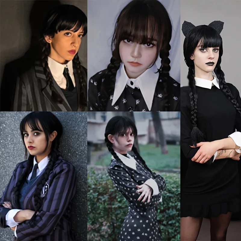 شعر مستعار الأربعاء ‌   طقم باروكة نسائية سوداء مع غرة وضفائر مزدوجة، عصابة رأس قوطية للهالوين، كوسبلاي، شعر صناعي