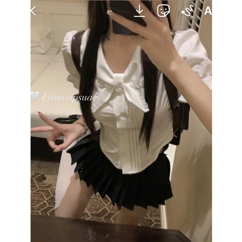 Summer 2 Piece Sets for Women Bow Puff Sleeve White Shirt High Waist A-line Pleated Mini Skirt Outfits Roupas Femme Fashion Suit