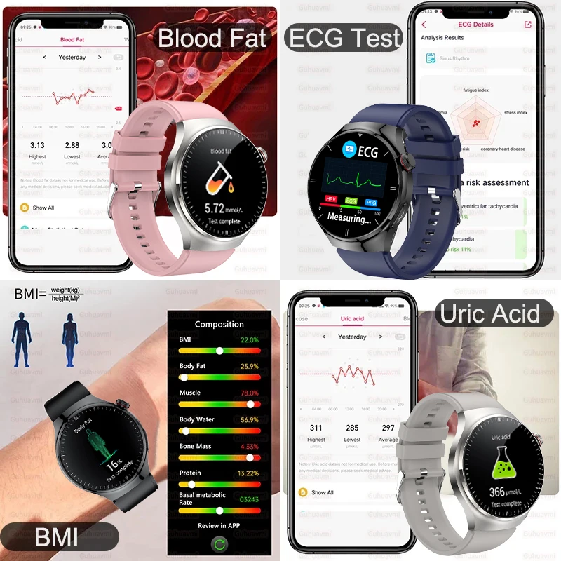 Montre intelligente de qualité médicale, sucre dans le sang, acide urique lipidique sanguin, ECG + PPG, température Linge, appel Bluetooth, montre