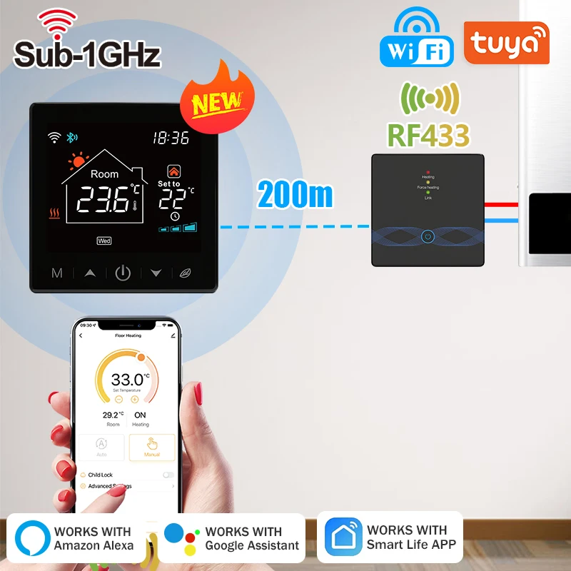 Tuya Smart Home Termostato sem fio Wi-Fi, bateria RF, caldeira a gás, aquecimento de água, controlador de temperatura digital, Alexa, Google Home