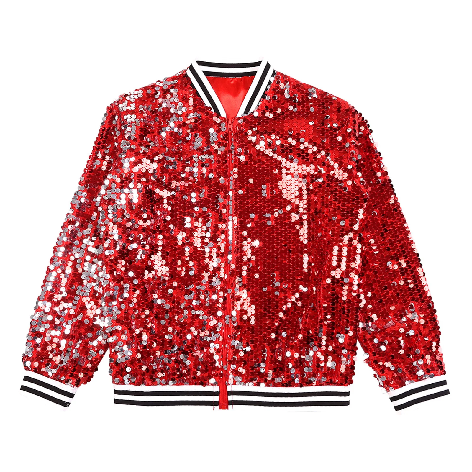 Kids Girls Shiny Sequins Hip Hop Jazz Dance Costume Long Sleeve Baseball Jackets Zipper Coat Carnival Bomber Jackets Streetwear